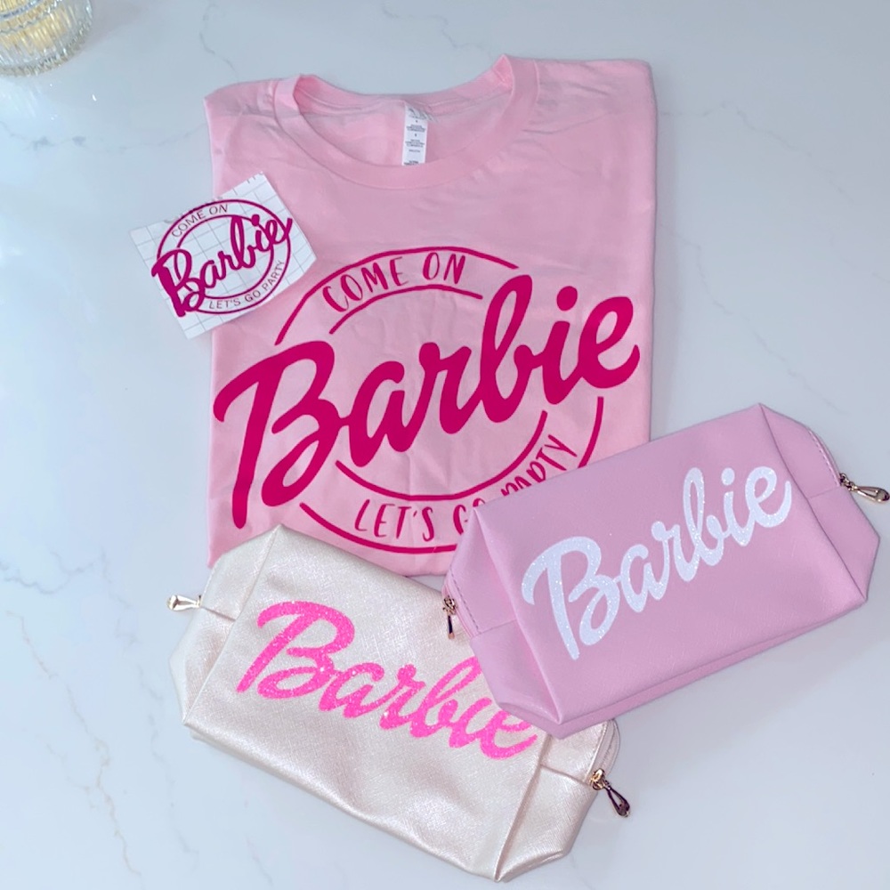 BARBIE BUNDLE!! All items together: Barbie T-Shirt, Sticker,  2 Cosmetic bags